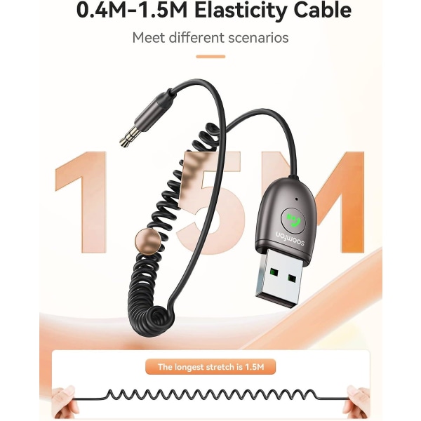 Bluetooth 5.3 biladapter, sterkere mikrofon og støyreduserende 3,5 mm Aux Bluetooth-mottaker for bil med innebygd mikrofon Aux-inngang kompatibel Wi