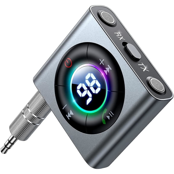 Bluetooth 5.3-sender og -modtager 2-i-1 [led-skærm og forbedrede dobbelte mikrofoner] Trådløs lydadapter til bil/tv/hjemmestereo/hovedtelefon/højttaler/fly