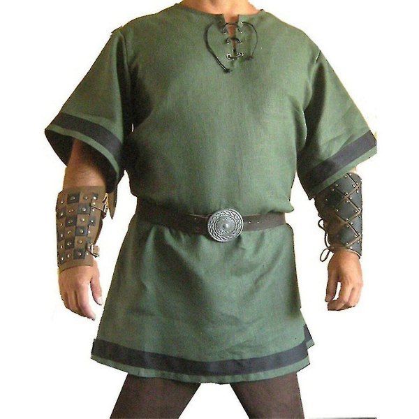 Vintage middelalderkostyme for menn Halloween-fest Viking Knight Pirate Warrior Larp Cosplay-skjorter Lange topper (L, Grønn)