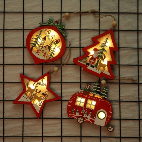 Shxx Julgranshängande prydnader Upplysta trähängen för julgran Hemdekorationer Festdekor (4st) A1018-122