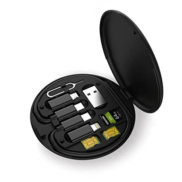 Multifunktionell datakabellagringsboxadapter för Lightning Usb-c och Micro-usb-enheter Universal dataöverföringskabel (svart)