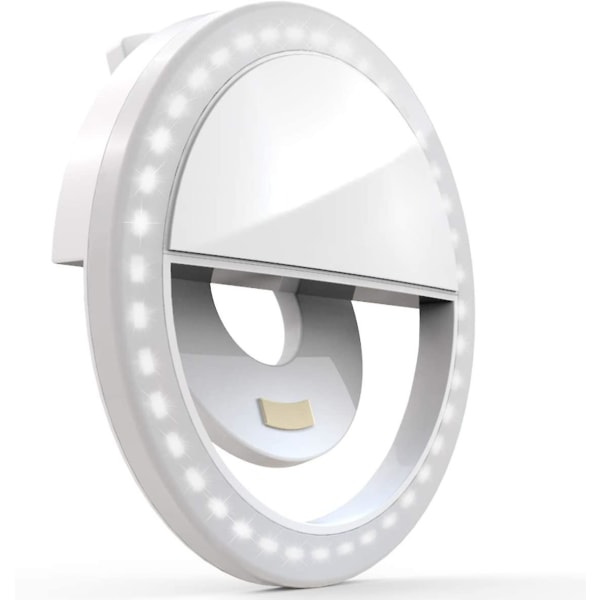Clip On Selfie Ring Light [uppladdningsbart batteri] med 36 led för smarttelefonkamera rund form, vit