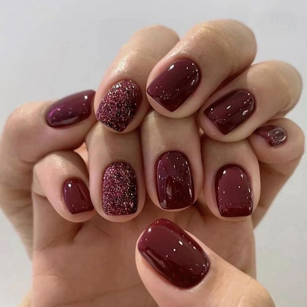 Burgundy Press on Nails Short Square Fake Nails with Red Glitter Design Glossy False Nails Glue on Nails Full Cover Acrylic Nail 24Pcs