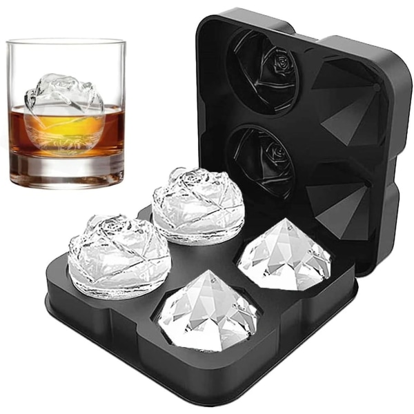 2 i 1 silikon rose og diamant isbitform med lokk for cocktailer, isbiter, whisky, vin, is.