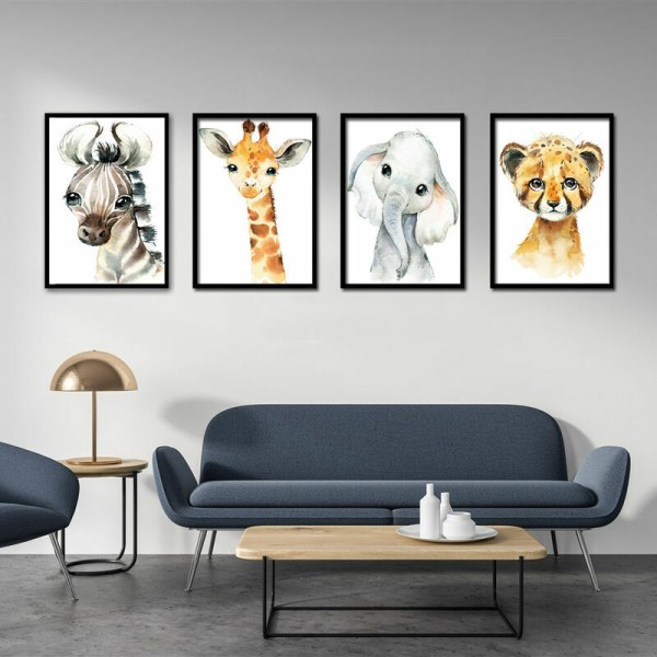 MINKUROW Bild- och canvasaffischdekoration för barnkammare Baby för pojkar eller flickor Jungle Safari Animals Väggdekoration A4 (Förpackning med 4)