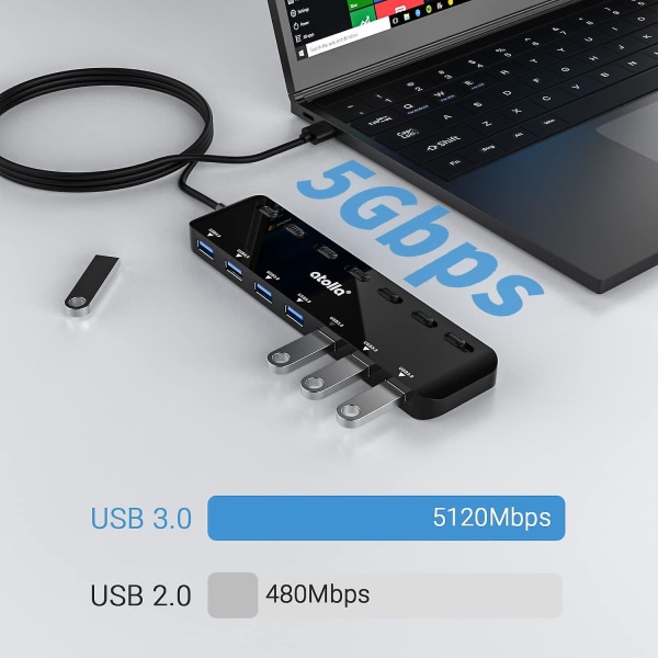 USB-hub 7-port USB 3.0 Hub Slank USB-delare med 1,17 m förlängningskabel och individuella LED-strömbrytare Multi USB-portförlängning Datahub för PC La