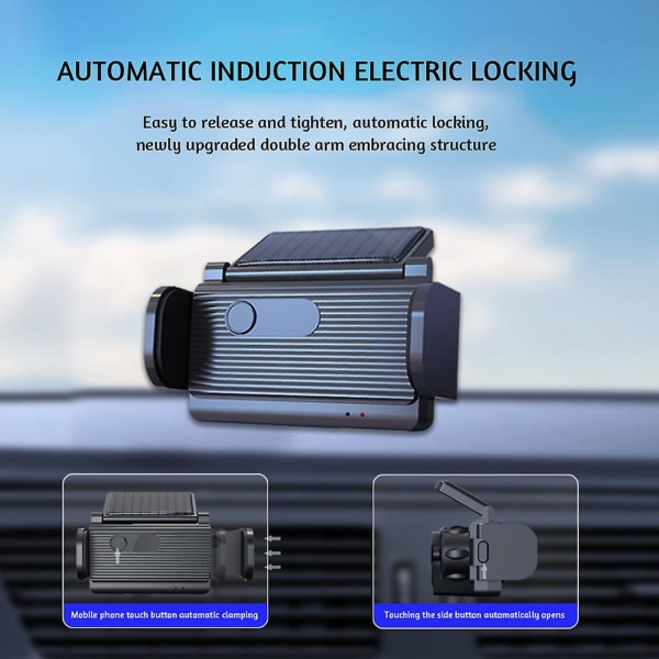 Solcelledrevet elektrisk låsende biltelefonholder Anti-shake biltelefonstativ til køretøjer (sort)