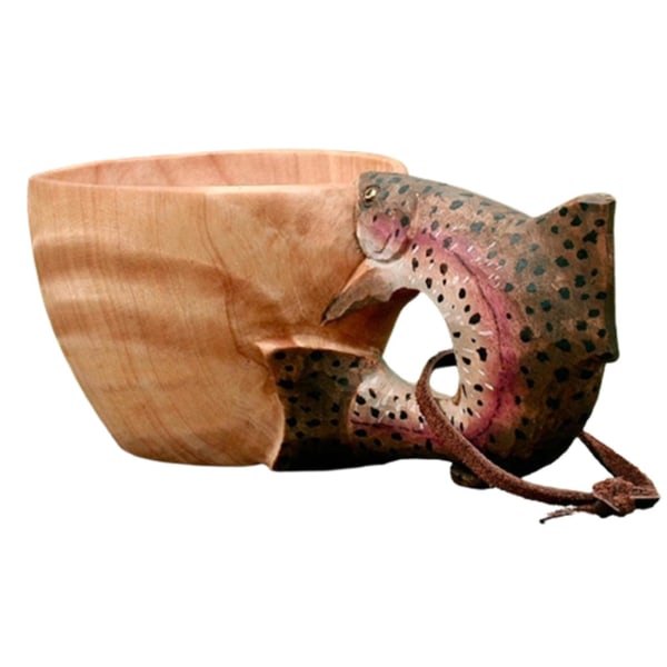 Wooden Mug Animal Shape Portable Camping Drinking Cup Hand Carved Outdoor Cup Rainbow Trout