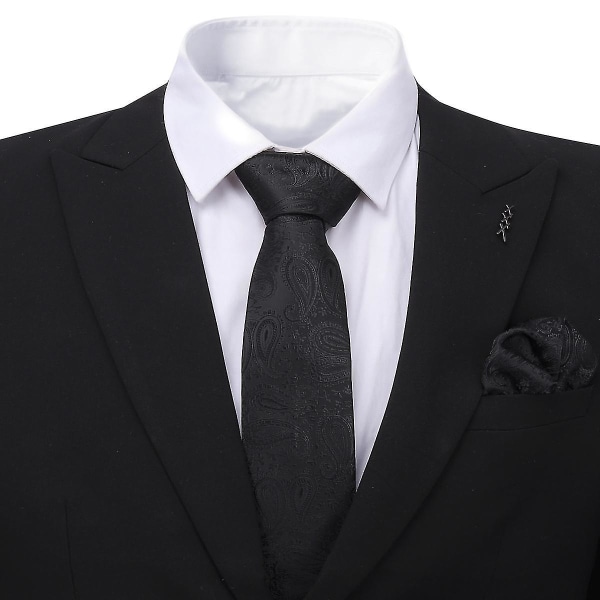 Allthemen Classic Jaquard-slips for menn 7 cm for formelt møtebryllup med lommetørkle og mansjettknapper (7 cm*145 cm, svart)