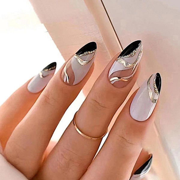 White French Tip Stick on Nails with Gold Glitter Designs Acrylic Nails Glue on Nails Gift Nails Set for Women and Girls 24 PCS Nails