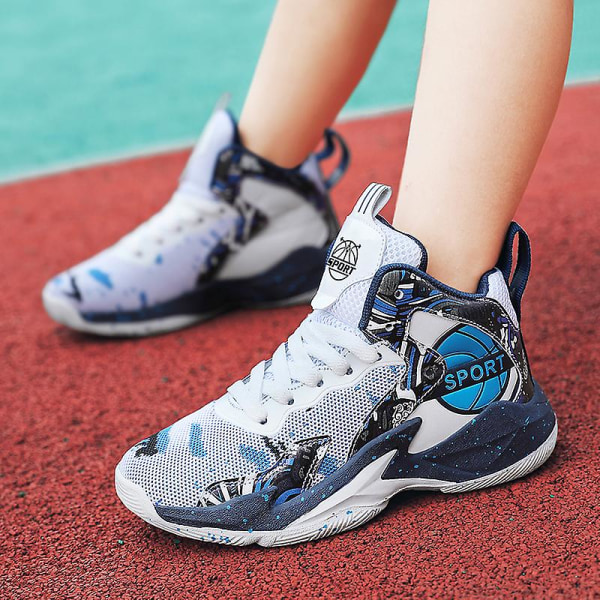 Kids Basketball Shoes Breathable Sneakers Boys Girls Sports Shoes Yj8768 WhiteBlue 35
