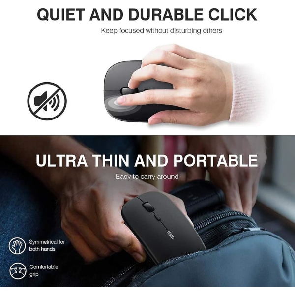 Uppladdningsbar trådlös mus, optisk minimus Silent Click, Slim 1600 Dpi för bärbar dator Svart