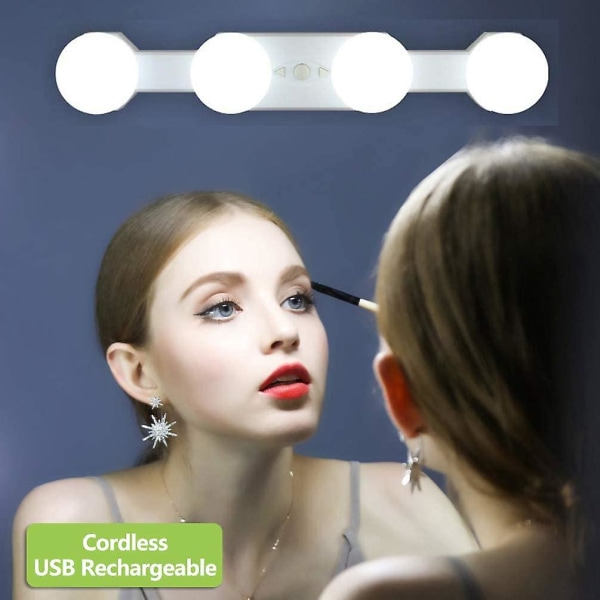 Dww-ledda sminkljus, Hollywood trådlös bärbar uppladdningsbar spegel kosmetisk lampsats, 4 glödlampor Sminkbord Ljusstyrka Tempratur