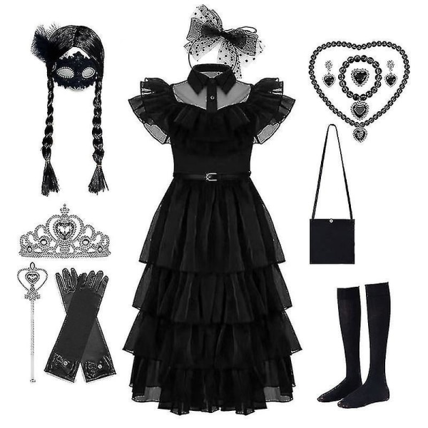 Onsdag Addams-kjole Cosplay-kostyme Barn Jenter Fest Svarte Kjoler Halskjede Maske (160cm, kun parykk 02)