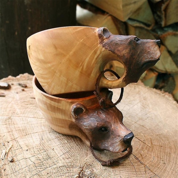 Wooden Mug Animal Shape Portable Camping Drinking Cup Hand Carved Outdoor Cup Deer