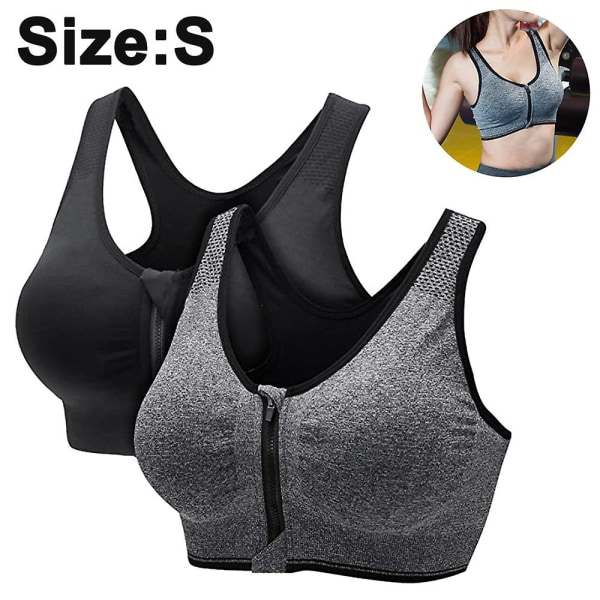 2 Pcs Zipper In Front Sports Bra High Impact Strappy Back Support Workout Top