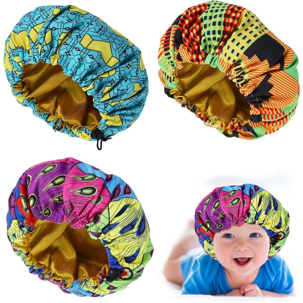 Förpackning med 3 barns natthatt i satin, färgglad elastisk natthatt, återanvändbar cap, justerbar sovmössa med resårband för barn, kvinnor och