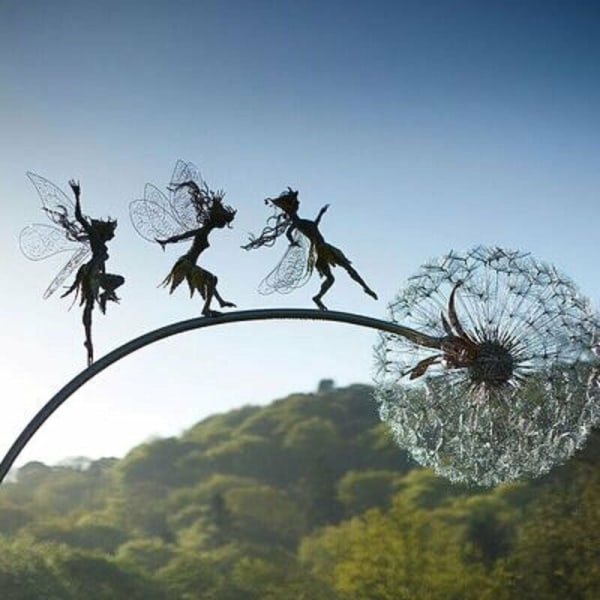 Stake Fairy Garden Sculptures Feer och maskrosor dansar tillsammans (B)