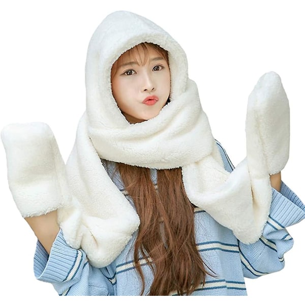 Tonwhar Womens Cute Winter Thick Warm Long Hooded Scarf With Mittens White -