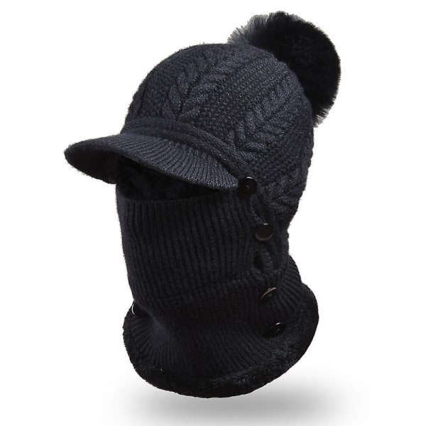 Dam Vinter Varmstickad Baseball Cap Ansikte Bandana Hals Damask Med Fluffig Pompom1stsvart