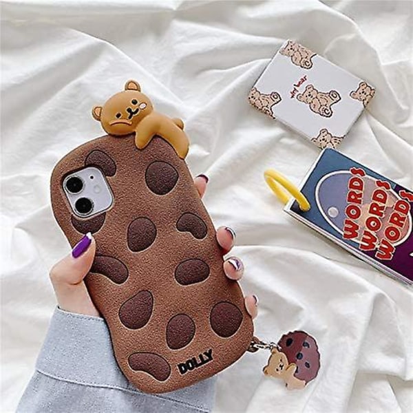 Telefonhus til iPhone 12 Mini, Super Sød 3D Brun Cookie med Bjørn Liggende Ovenpå Blød TPU Silikon Gel Gummi Cover Case, Tegneserie Case Fuld Krop