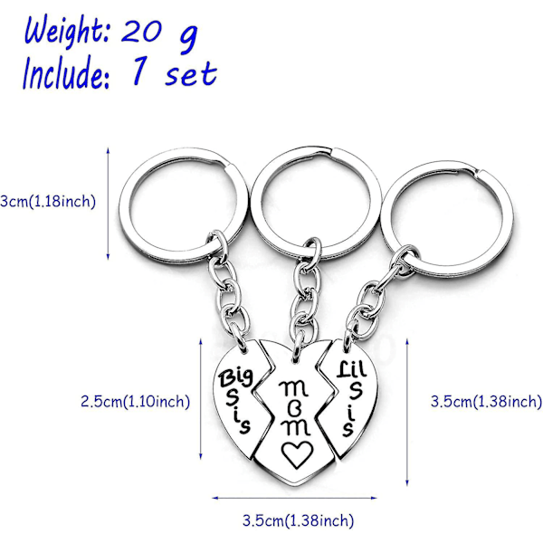 3 stk. Mor Datter Nøglering Mor Stor Lille Søster Kærlighed Brudt Hjerte Vedhæng Gave