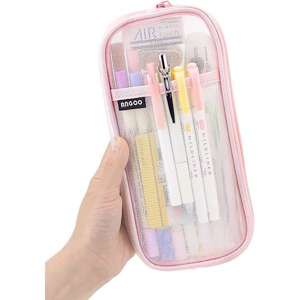 Grid Mesh Pen Pencil Case With Zipper Clear Cosmetics Bag Multi-purpose Travel School Teen Girls Transparent Stationary Bag For Adluts(pink)