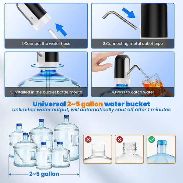 2 pakke vanndispenserpumpe, vannkanne Automatisk vanndispenser for 2-5 gallon, bærbar elektrisk vannpumpe, usb-lading drikkevannsflaskepumpe