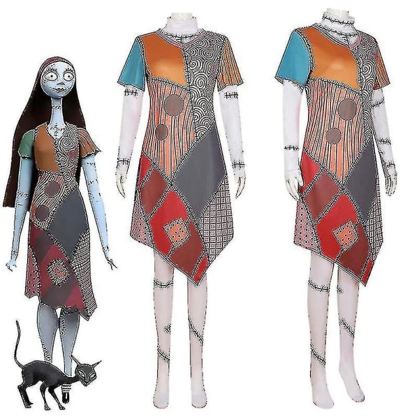 Halloween painajainen ennen joulua Sally Cosplay -asu, Horror Fancy Set Naisten Ghost Costume Carnival Party -vaatteet (XL, 3 kpl)