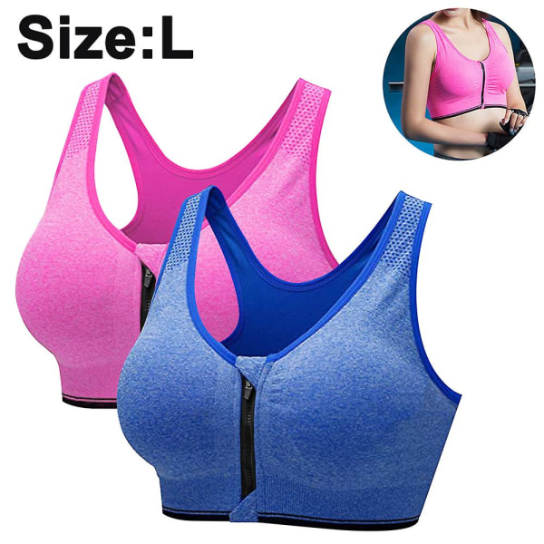 2 Pcs Zipper In Front Sports Bra High Impact Strappy Back Support Workout Top