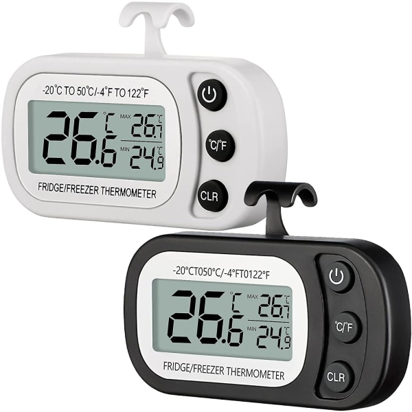 Kyltermometer, 2-pack vattentät frystermometer för temperaturövervakning av kylar och frysar, LCD-skärm med krok (svart+vit)