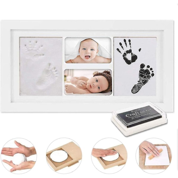 Baby håndaftryk og fodaftryk, baby træ billedramme med gipsafstøbning til baby hånd og fod, aftrykssæt billedramme babygave, speciel gave F