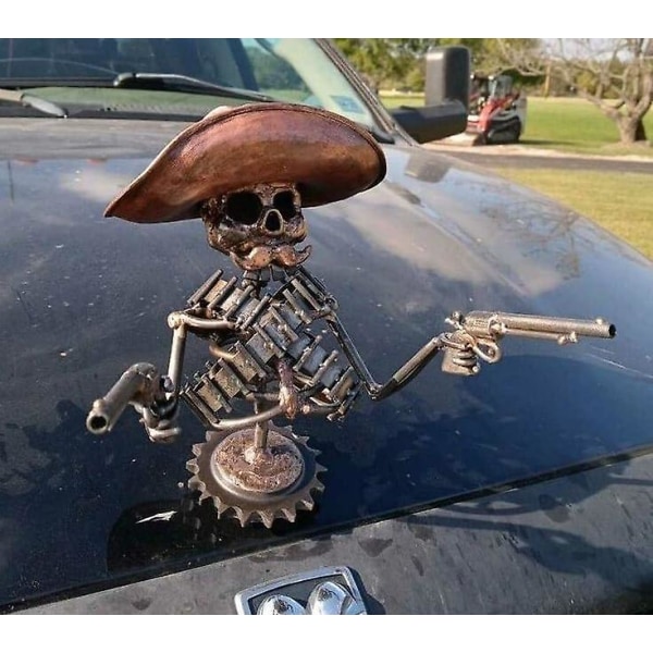 Cowboy Skull Gunslinger huva prydnad, coola skelettfigurer, bil lastbil huva prydnad metall skalle huva prydnad Bildekor