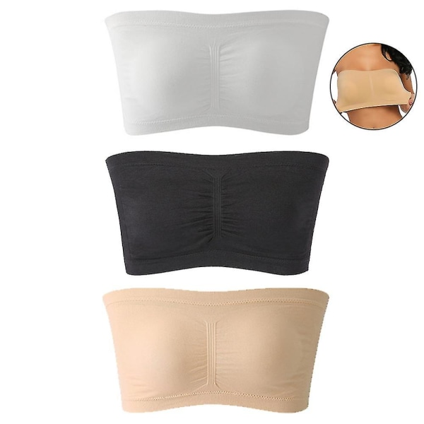 3 Pcs Women's Padded Bandeau Bra, Strapless Removable Pads Tube Tops XL