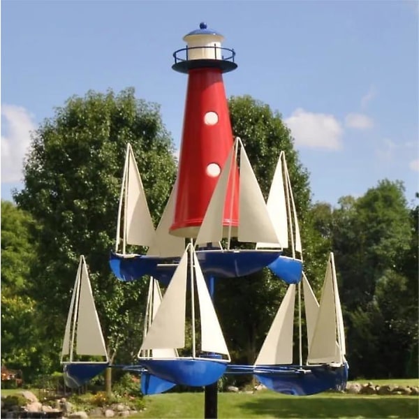 Nautisk konst Vindskulptur, Sommarfyr Segelbåt väderkvarnar, Kinetic Art Vindskulptur, Nautisk vindskulptur Metalldekor Röd