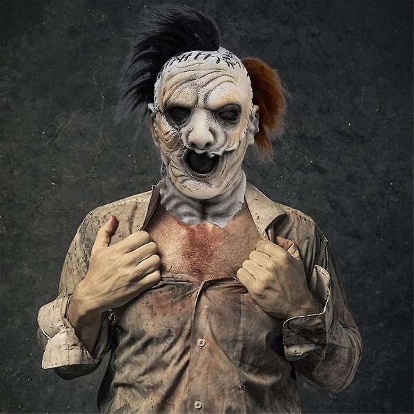 Halloween festrekvisitter Skræmmende maske The Texas Chain Saw Massacre Mask Cosplay Mask Horror Mask Uhyggelig maske Hovedbeklædning（med hår)