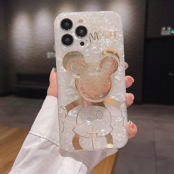 Kompatibel med Iphone 12 Pro Max Skal, söt Gyllene Mickey Sparkle Bling Cover med Flytande Sand Mobiltelefonhållare, kickstand Mjuk Tpu Stötsäker Skyddande