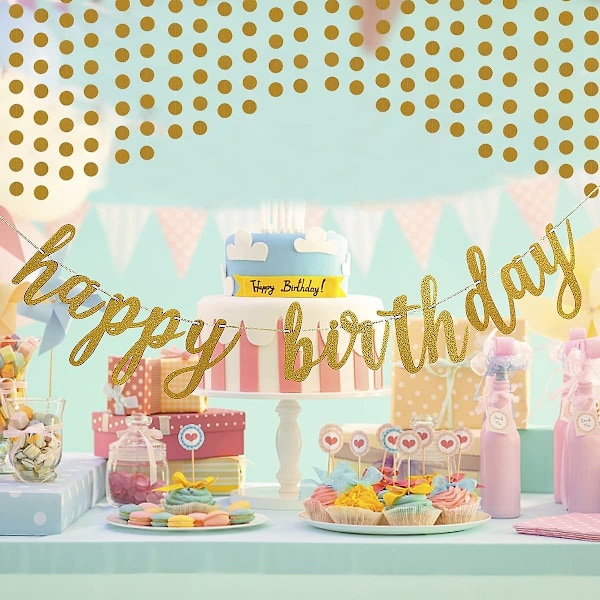 Gyldne Fødselsdagspynt, Gylden Glitter Happy Birthday Banner Og Gylden Glitter Cirkelprikker Girlander Til Fødselsdagsfestpynt