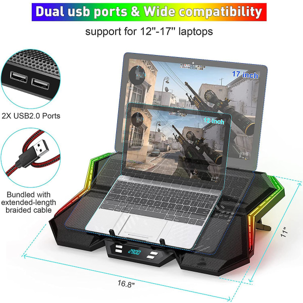 12-läges Rgb-kylplatta för bärbar dator Led-skärm Gaming Laptop-kylare med 6 höghastighetsjusterbara fläktar, 7 höjder stativ, 2 USB portar, kompatibel upp till 17