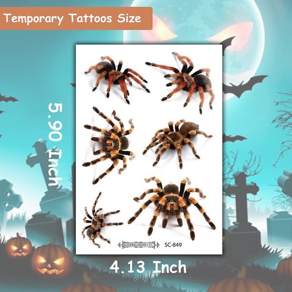 Halloween Spider Tillfälliga tatueringar, 12 ark Halloween-tatueringar 3d Spider-tatueringar för barn Halloween-fest gynnar festivaler
