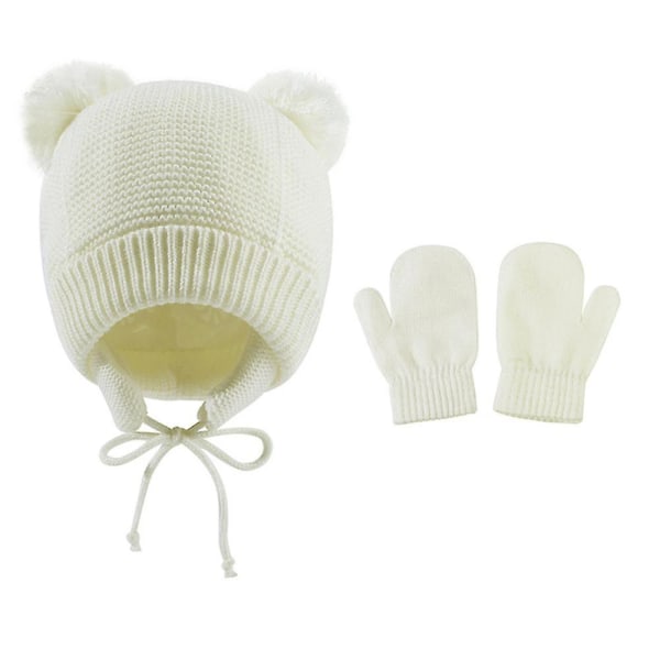 Sipin vastasyntyneen baby talvinen korvaläppähattu lapasilla , lämmin fleece-neulottu cap Paksut käsineet lapsille Unisex pojille tytöille (valkoinen)