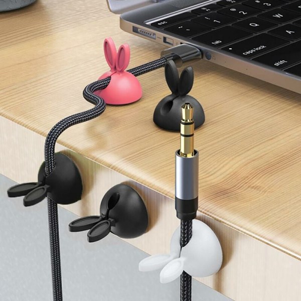 st/ set Kabelvindare Creative Cartoon Rabbit Ear Shape Silikon Självhäftande Wire Organizer Clip för skrivbordet Rosa
