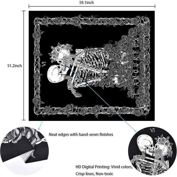 Skalle-Gobeläng "Kyssande älskare" Gobeläng Svart Tarot Gobeläng Mänskligt Skelett Gobeläng För Rum (51,2 X 59,1 Tum)