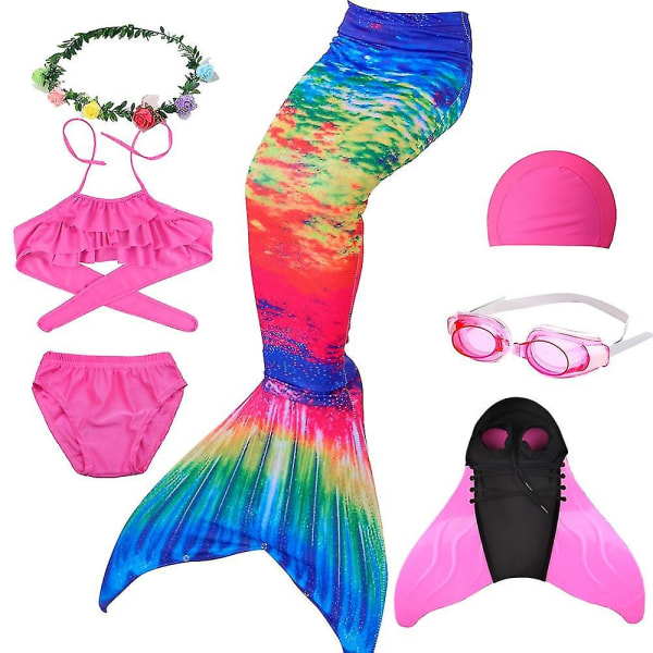 Barn Flickor Simning Mermaid Tail Cosplay Pink Bluey Barn Halloween Party Present Baddräkt Kan lägga till Monofin Fin (150(höjd140-150cm),3st-K1)