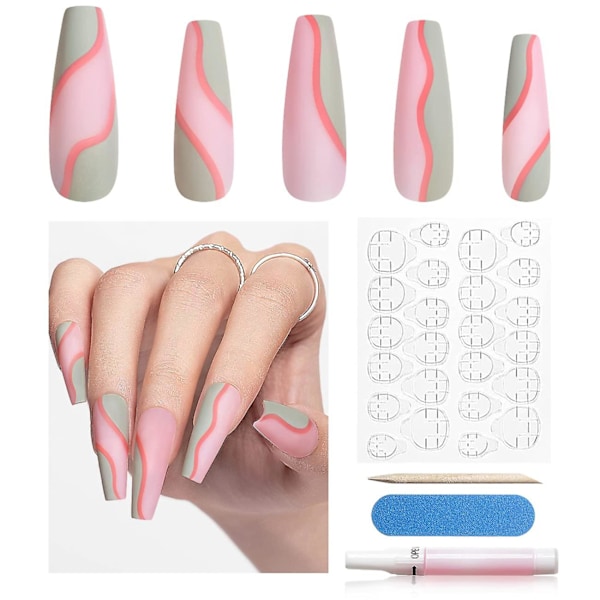 24pcs Long Press on Nails Coffin Square Shade Fashion Modern French Manicure Nude Pink Green Line Design Acrylic Fake Nails Set