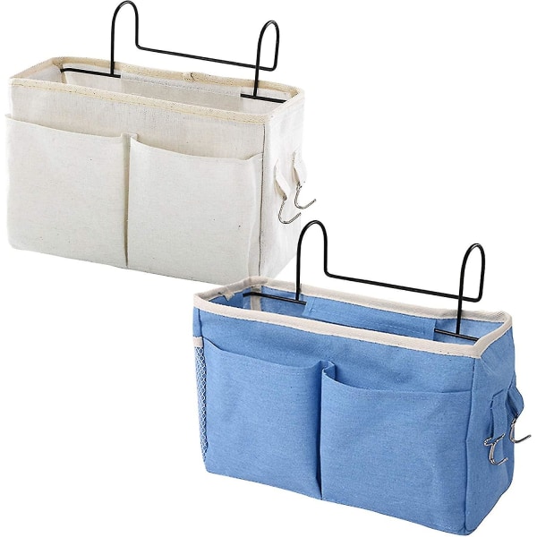 Loftseng Opbevaring Sengebords hængende opbevaringstaske, 2 stk. Hvid/blå Sengeside hængende sengebordskurv Sengekant