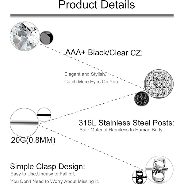 4-8 Par Stainless Steel Stud Ørepynt for Menn og Kvinner Kvadratiske CZ Ørepynt, 6-8mm C: 4 Par 8mm -