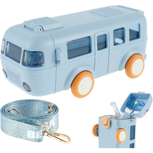 Bussvattenflaska, barns liten bil halmvattenkopp, 17 oz bärbar löstagbar bussvattenflaska med axelrem（blå)