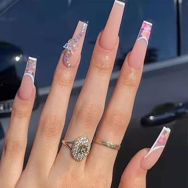 Women's Extra Long Press On Luxury Nails Rhinestone Nails Acrylic False Nails Full Cover Ballerina Nails - 24pcs