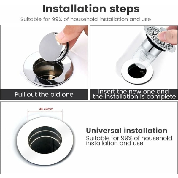 Universal Sink Plug, Pop Up Sink Plug, Sink Plug med Anti-Clog Sil, Universal Sink Plug med magnetisk vattenventil 34-38mm